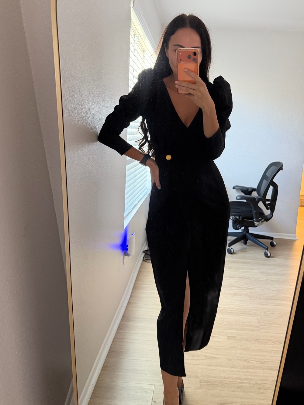 Black V-Neck Long Sleeve Midi Dress with Gold Button